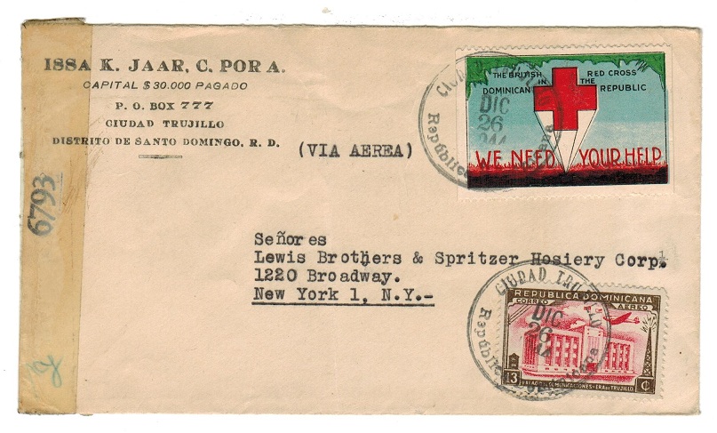 DOMINICAN REPUBLIC - 1944 cover to USA with THE BRITISH RED CROSS/WE NEED YOUR HELP patriotic label.