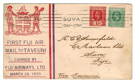 FIJI - 1933 first flight cover to Suva via Taveuni by Fiji Airways.