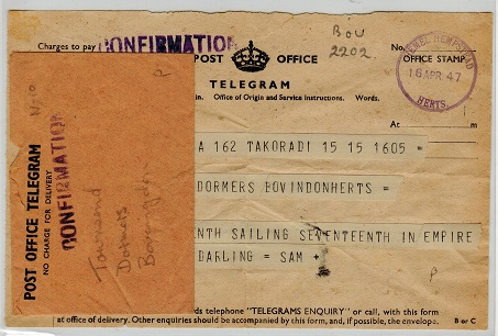 GOLD COAST - 1947 inward TELEGRAM from TAKORADI with envelope.