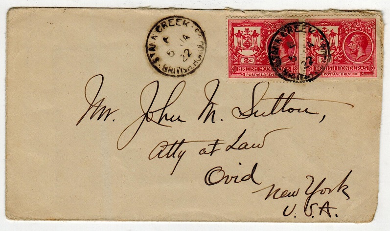 BRITISH HONDURAS - 1922 4c rate cover to USA used at STANN CREEK.