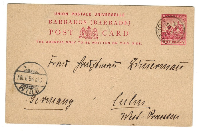 BARBADOS - 1892 1d carmine PSC to Germany used at BARBADOS.  H&G 9.