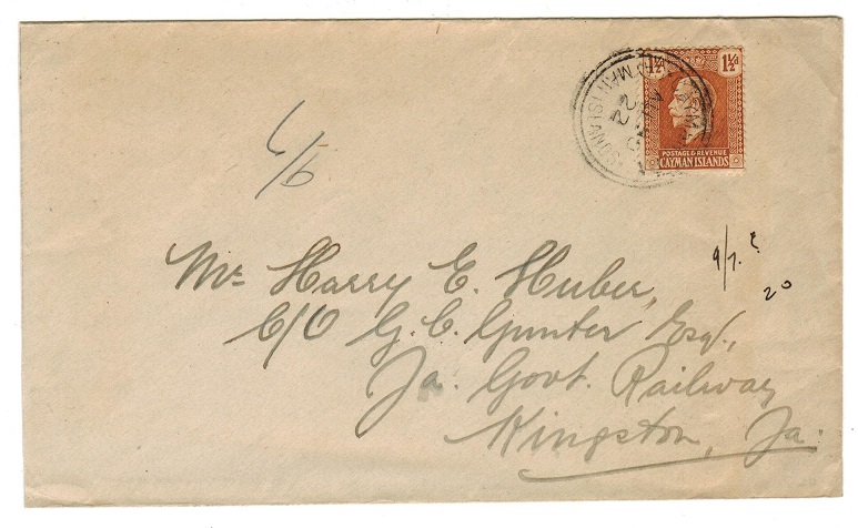 CAYMAN ISLANDS - 1922 1 1/2d rate cover to Jamaica used at CAYMAN BRAC.