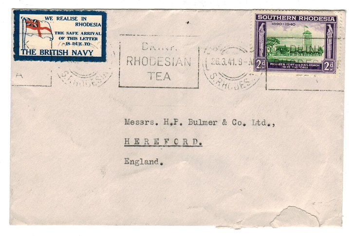 SOUTHERN RHODESIA - 1941 WE REALISE IN RHODESIA patriotic label on cover to UK.