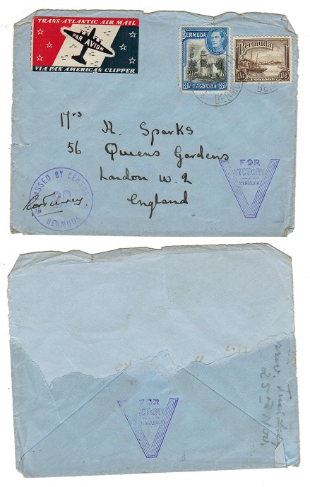 BERMUDA - 1941 censored cover (ex part of reverse) to UK with V FOR VICTORY h/s.