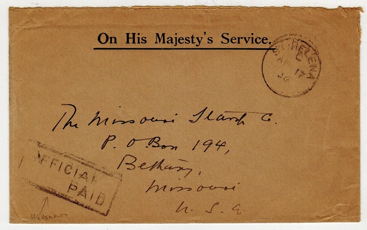 ST.HELENA - 1936 OHMS stampless cover to USA with OFFICIAL/PAID handstamp.