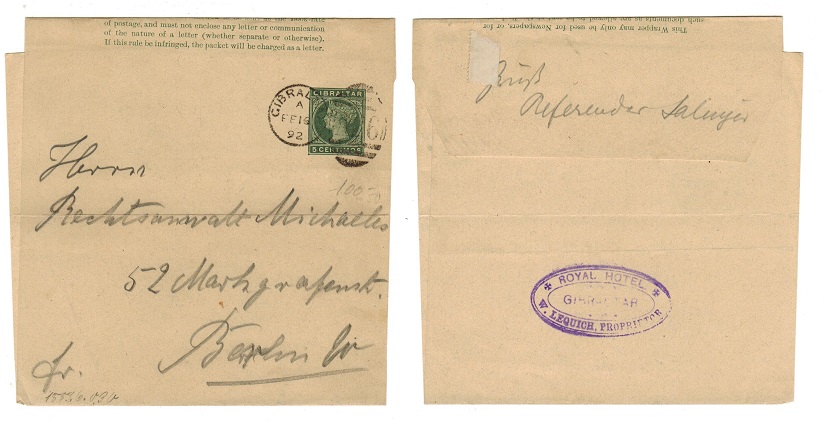 GIBRALTAR - 1889 5c postal stationery wrapper to Germany cancelled 