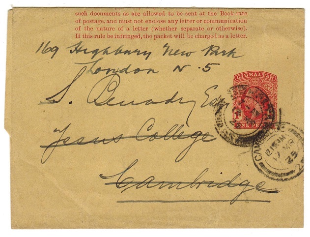 GIBRALTAR - 1912 1d carmine postal stationery wrapper to UK.  H&G 13.