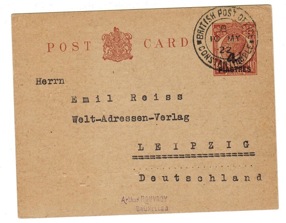 BRITISH LEVANT - 1920 4 1/2p on 1 1/2d brown PSC to Germany used at CONSTANTINOPLE.  H&G 24.