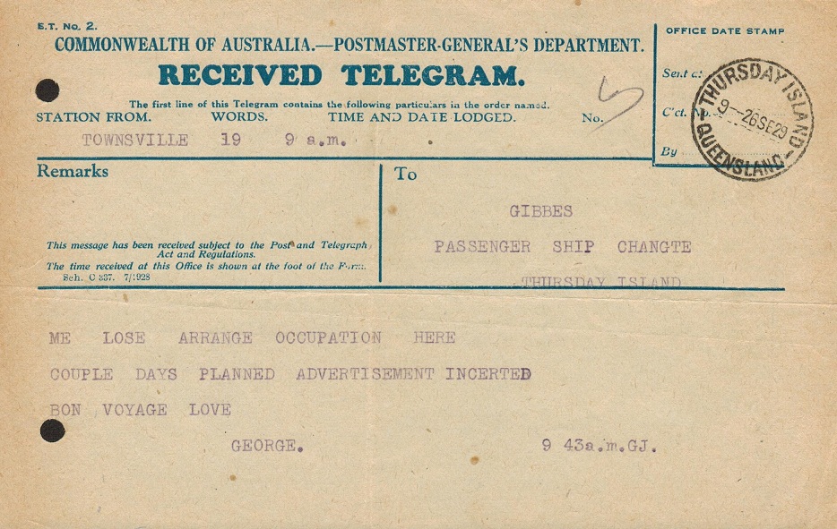 AUSTRALIA - 1929 RECEIVED TELEGRAM form from a passenger on the 