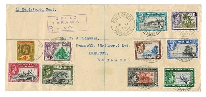 GILBERT AND ELLICE IS - 1948 registered cover to UK used at ARORAE.