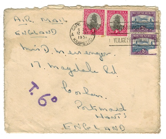 SOUTH AFRICA - 1951 underpaid cover to UK with 