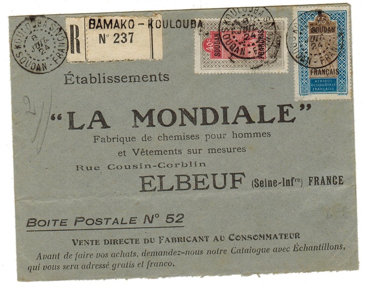 SUDAN - 1924 registered cover to France used at KOULOUBA.