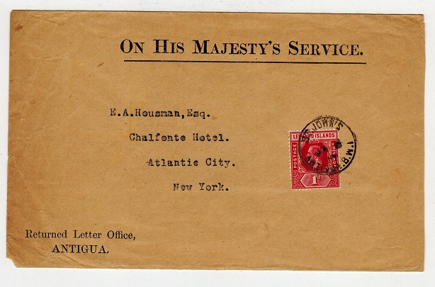 ANTIGUA - 1917 OHMS-RETURNED LETTER OFFICE/ANTIGUA envelope to USA.
