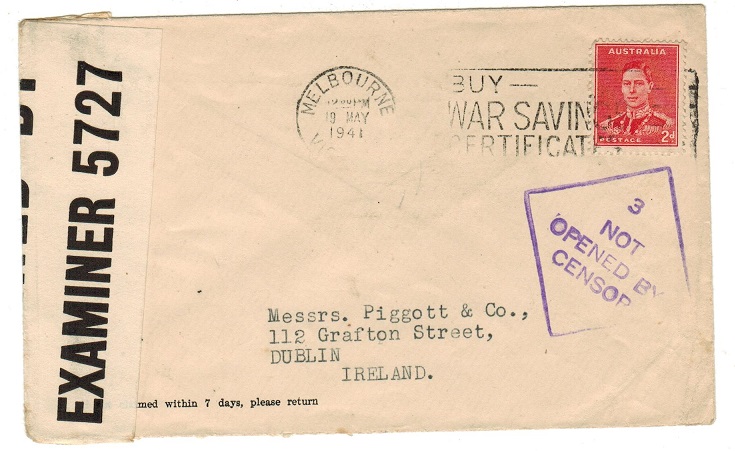 AUSTRALIA - 1941 NOT OPENED BY CENSOR/3 cover to Ireland.