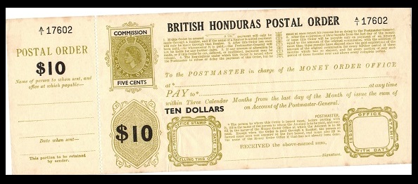 BRITISH HONDURAS - 1953 $10+5c POSTAL ORDER unused.