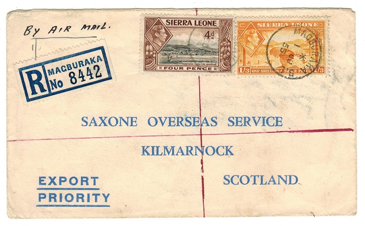 SIERRA LEONE - 1955 registered cover to UK with KGVI adhesives used at MAGBURAKA.