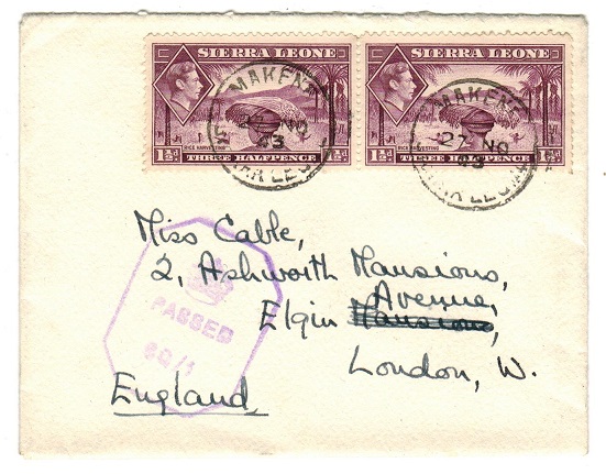 SIERRA LEONE - 1943 censor cover to UK used at MAKENE.