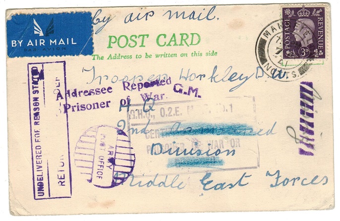 GREAT BRITAIN - 1941 postcard to MEF forces struck ADDRESSEE REPORTED/PRISONER OF WAR.