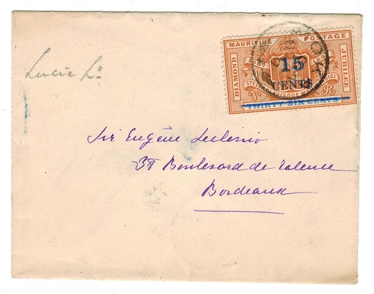MAURITIUS - 1899 15c on 36c surcharge franked cover to France.