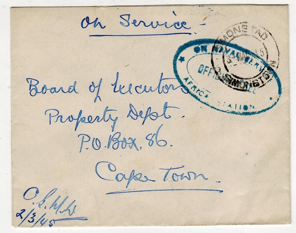 SOUTH AFRICA - 1945 ON NAVAL SERVICE/AFRICA STATION stampless cover to Cape Town.