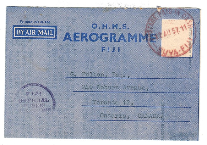 FIJI - 1955 (no value) O.H.M.S./AEROGRAMME FIJI
used to Canada