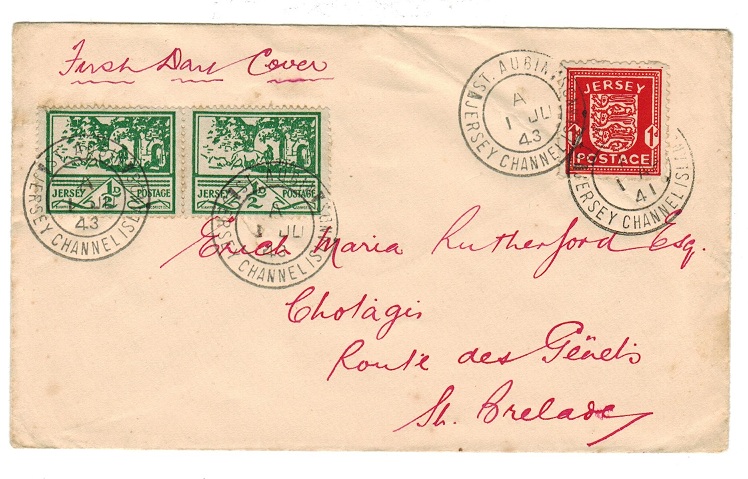 GREAT BRITAIN (JERSEY) - 1941/43 dual FDC of 1/2d and 1d war occupation issues at St.AUBIN.