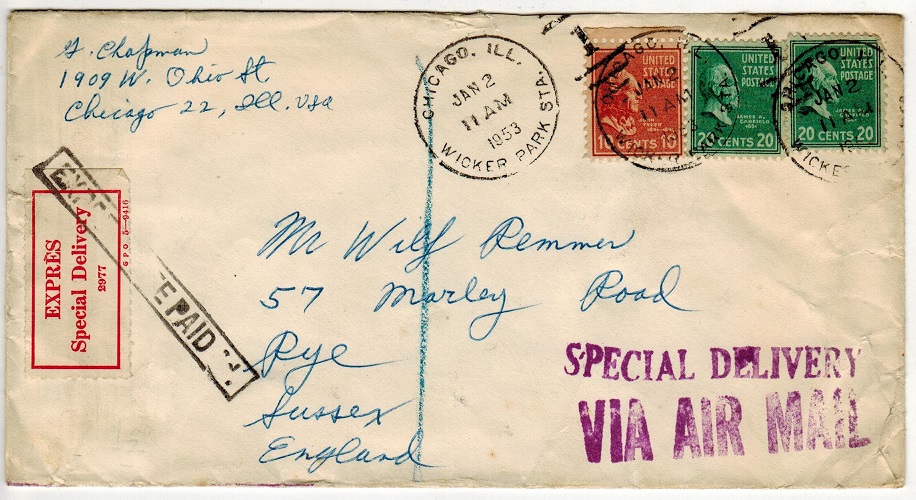 GREAT BRITAIN - 1953 inward EXPRESS DELIVERY cover from USA with label.