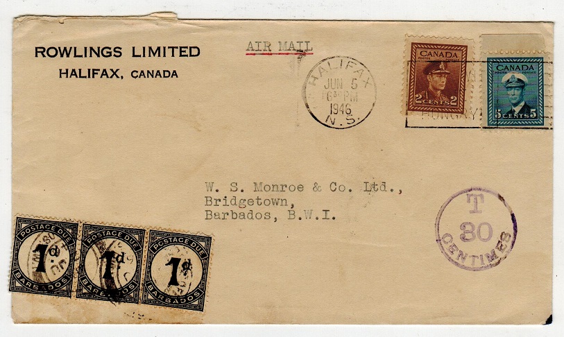 BARBADOS - 1946 inward cover from Canada with 1d 