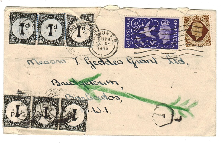 BARBADOS - 1946 inward underpaid cover from UK with 1d 