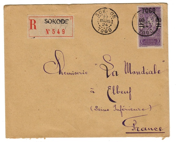 TOGO - 1924 60c on 75c Dahomey overprint issue on cover to France used at SOKODE.