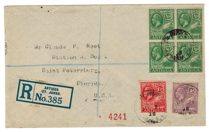 ANTIGUA - 1928 multi franked registered cover to USA.
