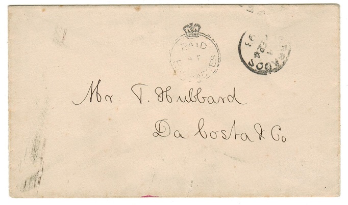BARBADOS - 1893 PAID AT BARBADOS stampless local cover.