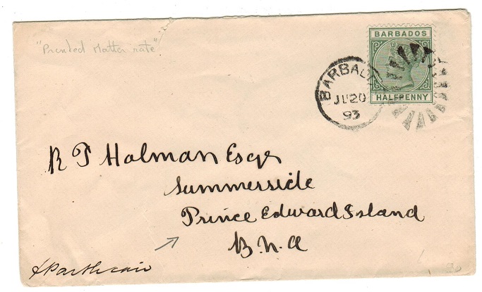 BARBADOS - 1893 1/2d PRINTED PAPER RATE cover to Prince Edward Island.