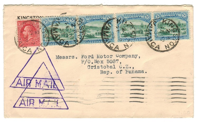 JAMAICA - 1932 cover to Panama with unusual triangular AIR MAIL h/s applied.