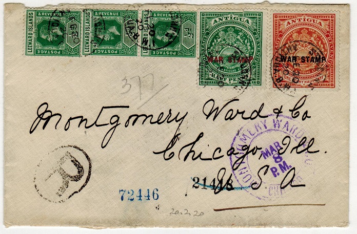 ANTIGUA - 1920 registered cover to USA with late WAR TAX adhesive use.