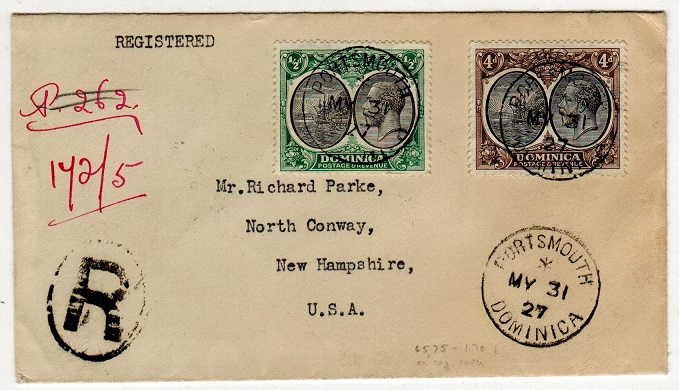 DOMINICA - 1927 4 1/2d rate registered cover to USA used at PORTSMOUTH/DOMINICA.