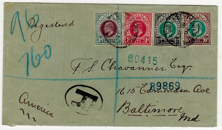 NATAL - 1902 multi franked registered cover to USA used at DURBAN.