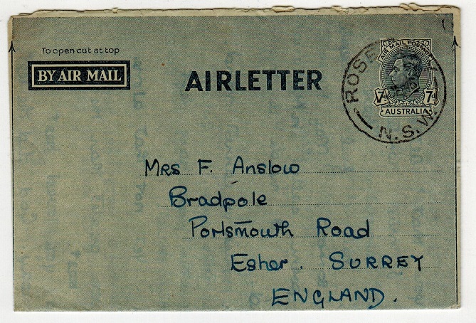 AUSTRALIA - 1945 7d postal stationery air letter to UK used at ROSE DAY/NSW.  H&G 2.