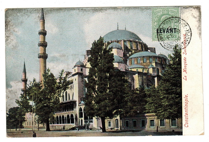 BRITISH LEVANT - 1909 1/2d rate postcard use to UK used at CONSTANTINOPLE.