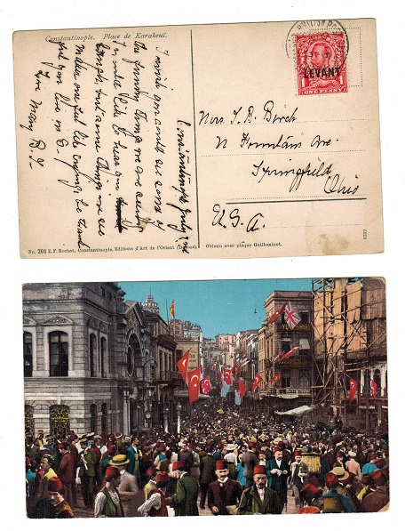 BRITISH LEVANT - 1912 1d rate postcard use to USA used at CONSTANTINOPLE.