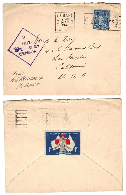 AUSTRALIA - 1941 NOT OPENED BY CENSOR cover to USA with LADY GOWRIE 1d seal on reverse.