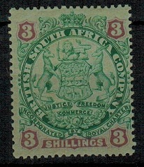 RHODESIA - 1896 3/- green and mauve on blue mint.  SG 36.