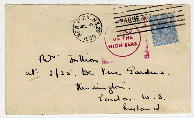ST.KITTS - 1939 2 1/2d rate maritime cover to UK.