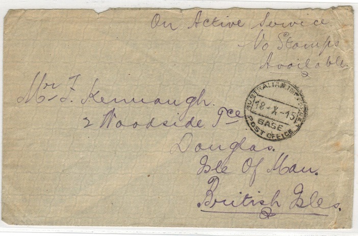 AUSTRALIA - 1915 WWI stampless AUSTRALIAN IMPERIAL FORCES cover to UK.