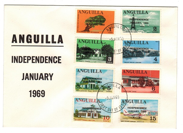 ANGUILLA - 1969 short set to 15c FDC of the INDEPENDENCE issue.