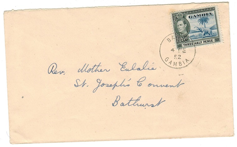 GAMBIA - 1952 local 1 1/2d rate cover used at BASSE.