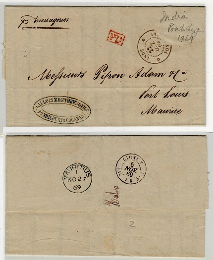 INDIA - 1869 stampless entire to Mauritius (stamp removed).