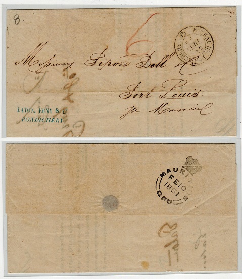 INDIA - 1860 stampless entire to Mauritius (stamp removed).
