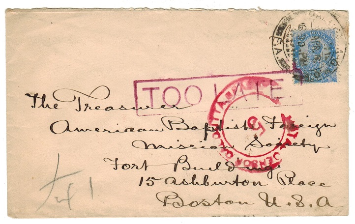 INDIA - 1916 POSTAL CENSOR/5/CALCUTTA cover with TOO LATE h/s applied.