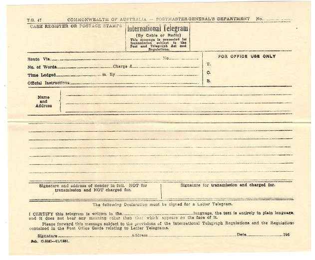 AUSTRALIA - 1951 INTERNATIONAL TELEGRAM form unused.
